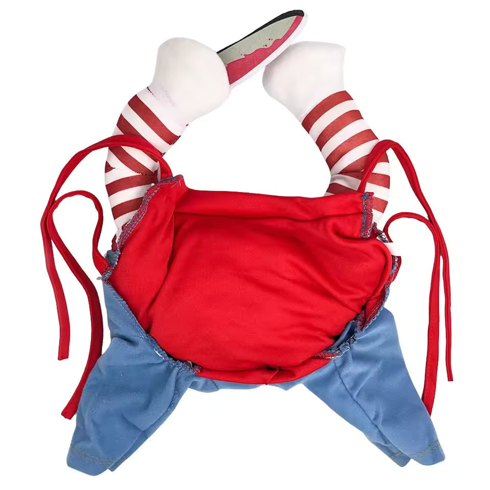 Back view of the killer doll pet costume: red lining, blue legs and red ties