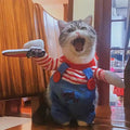 Cat wearing the killer doll costume with striped shirt, denim overalls and plush knife arm