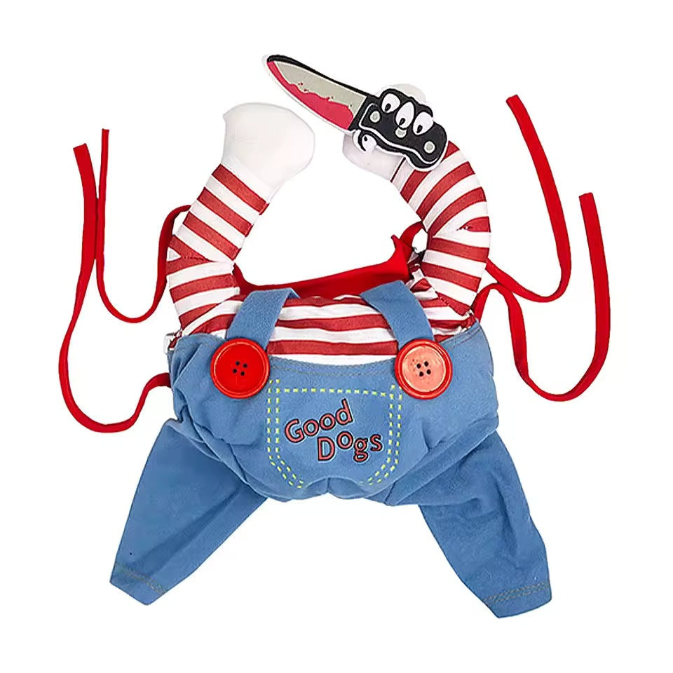 Killer doll pet costume laid flat: striped plush arms, prop knife, denim overalls with red buttons
